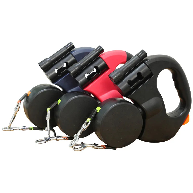 Double Retractable Leashes in One for Take Two Dogs With Flashlight