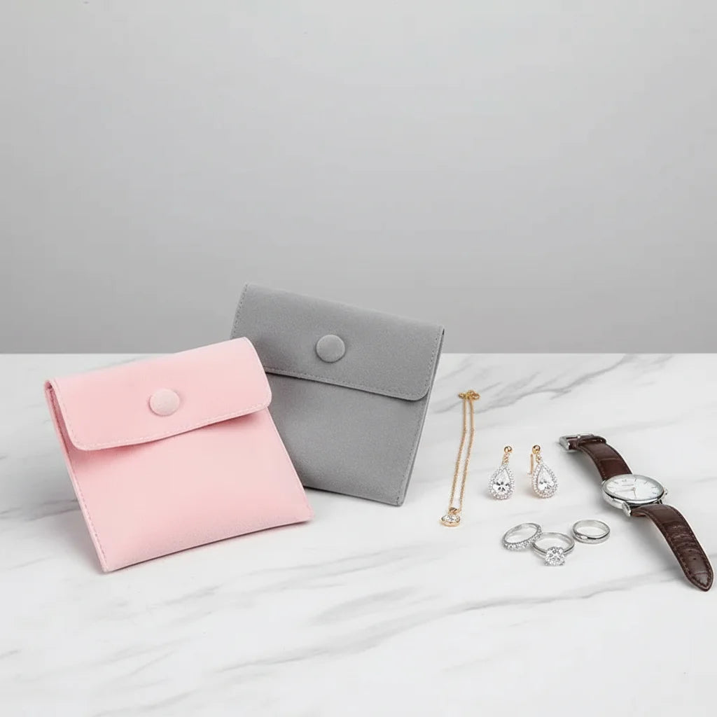 In Stock 7x7cm Recyclable Velvet Jewelry Pouches with Snap Button Luxury Gift Bag for Gemstone & Watch & Bracelet Packing
