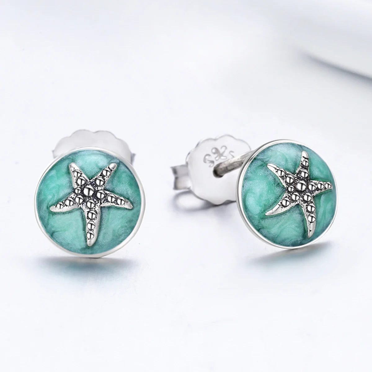 925 Sterling Silver Green Enamel Fantasy Starfish Round Stud Earrings for Women Clear CZ Fashion Earrings Jewelry Gift SCE205