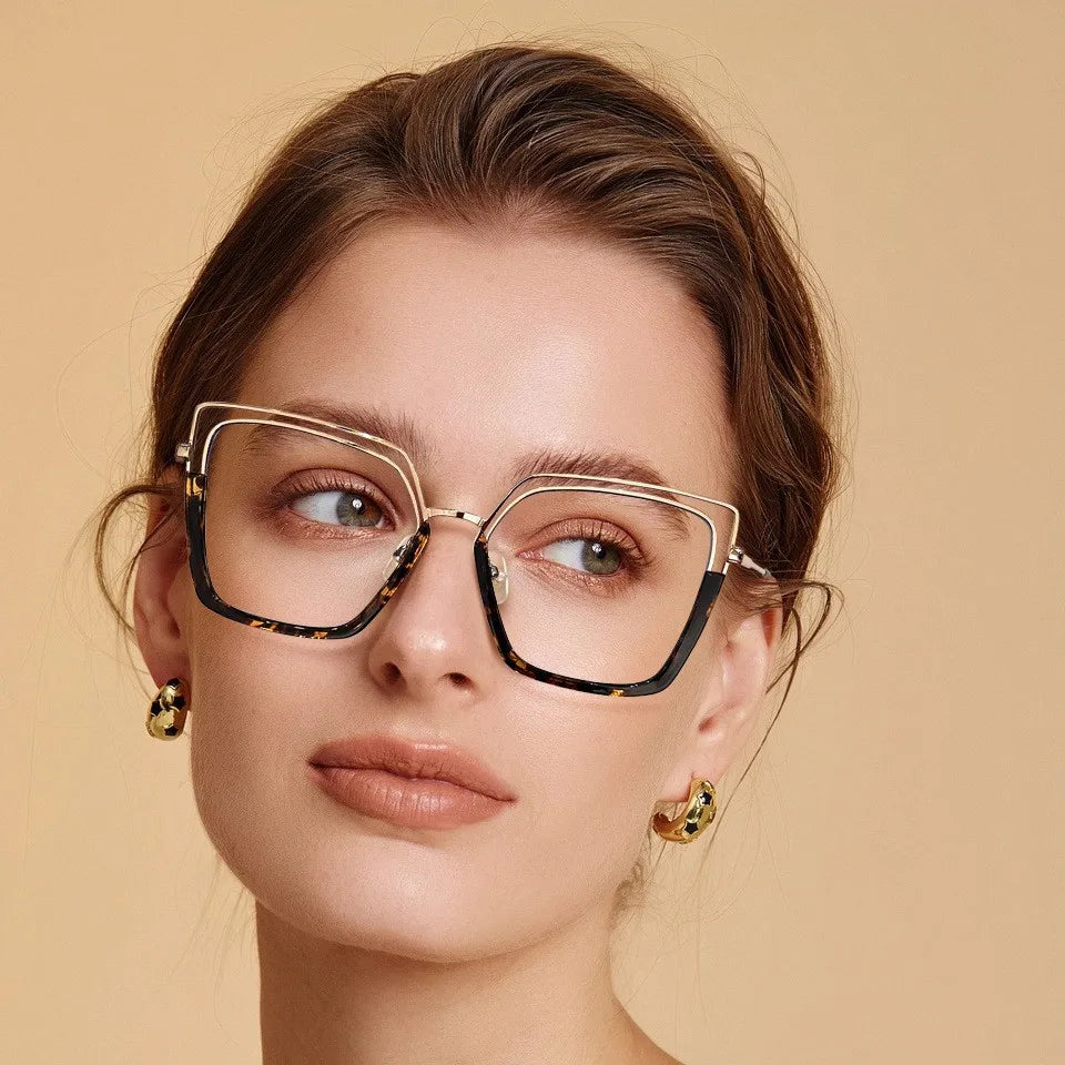 2025 Hot Selling Square Hollow Women Metal TR90 Frame Glasses Large Leopard Eyeglasses Anti Blue Light Protection SSpectacle