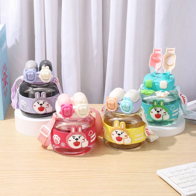 Newest Cute Kids 1000ml Double Drinking Bear Cartoon Plastic Water Bottle Children's Sports Bottles with Straw Double Lid