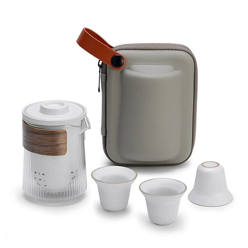 230ml Chinese Kung Fu Porcelain Tea Set Glass Teapot with Infuser and Ceramic Cups for Straining Loose Leaf Coffee