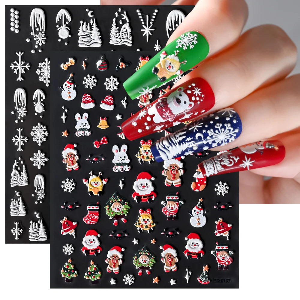 5D Winter Christmas New Year Nail Sticker Santa Tree Stockings Hat Elk Snowman Design Adhesive Nail Stickers Slider Xmas Decor