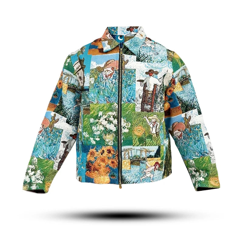 Custom Men's Zip-Up Jacket with Van Gogh Tapestry Design Turn-Down Collar & OEM Service Jacket for Men