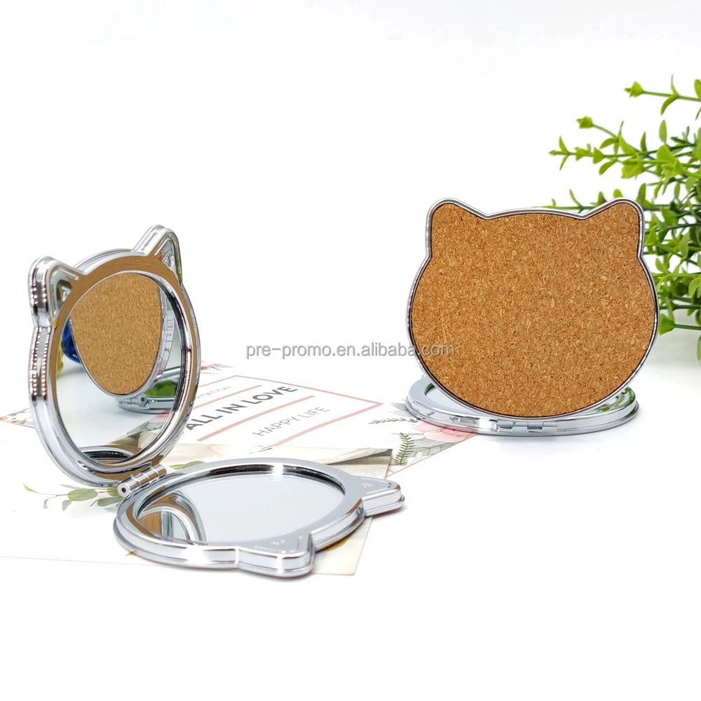 Wholesale Cat Shape Cosmetic Mirror Cork Wood Cat Pocket Mirror