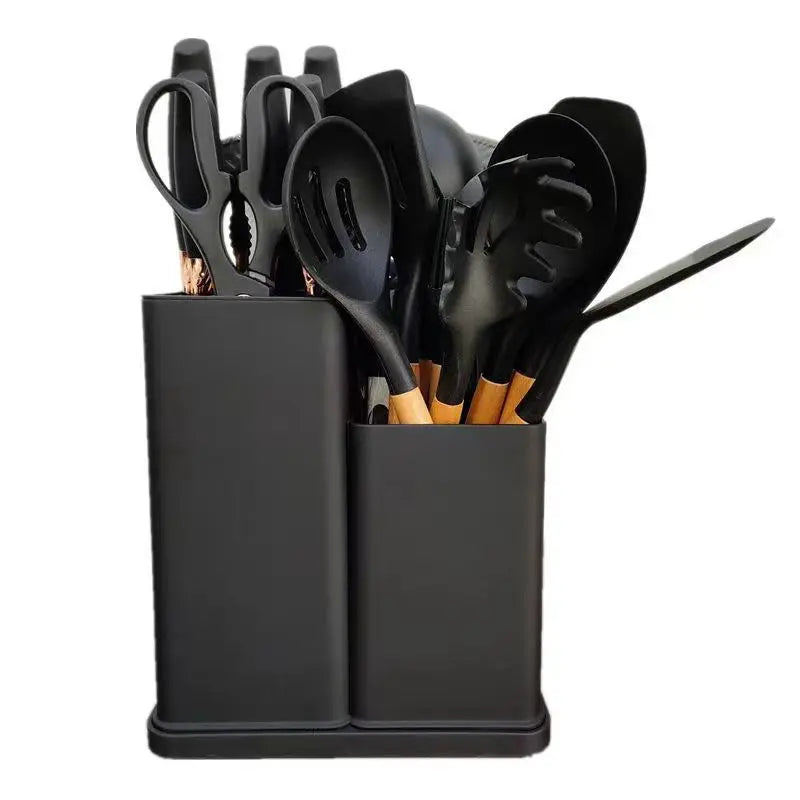 Hot Silicone Kitchen Utensils Rest Set 19 Piece Cookware Silicon Utensil with Wooden Handle Gadgets Black Cooking Tools Set