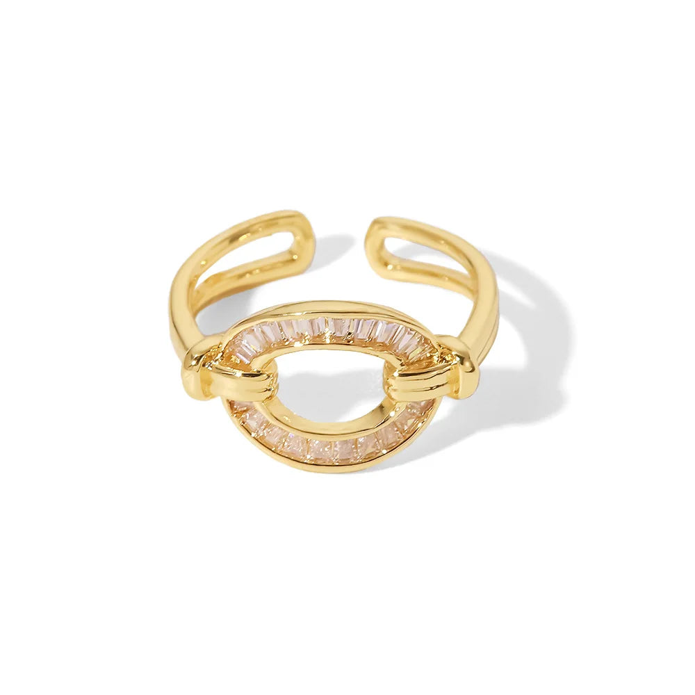 Bridal Wedding 18K Gold Copper CZ Ring Buckle Adjustable Open Ring Shiny  for Women Engagement