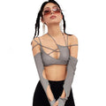 Cyber Y2k Techwear Punk Women Halter Tops Gothic Egirl Patchwork Long Sleeve Crop Top Sexy Cut Out Casual T-shirts