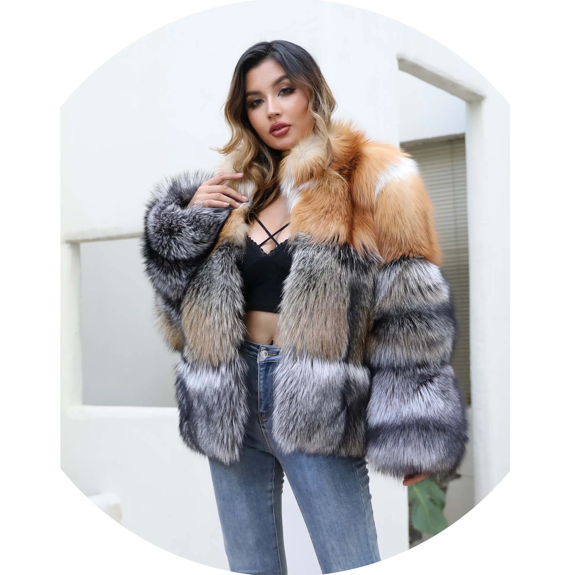 Luxury Silver Mix Red Fox Fur Jacket Windproof Women Winter Red Fox Fur Coat