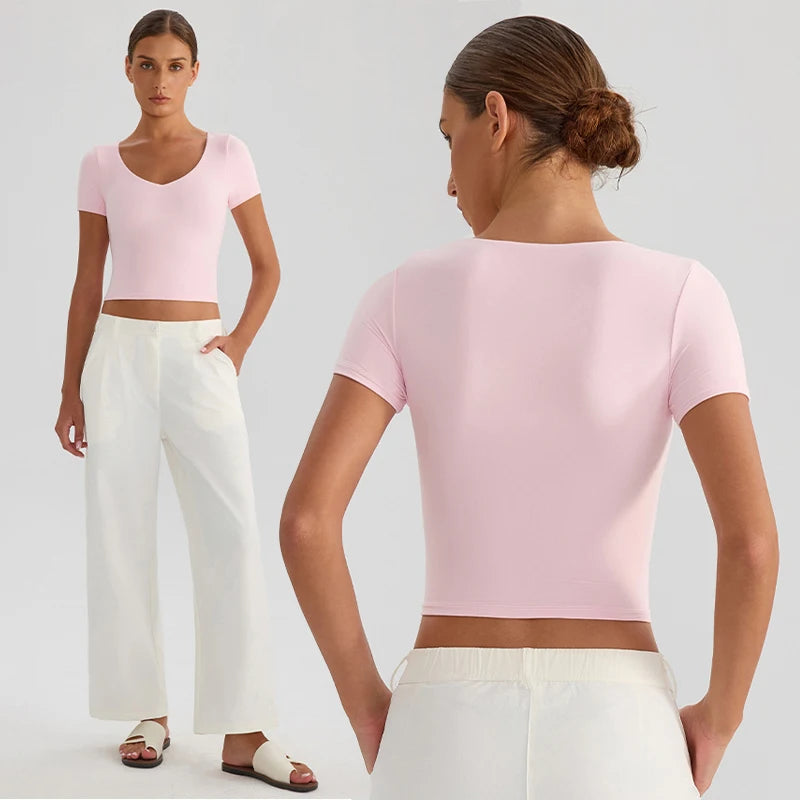 Double-Layer Basic Women Fashion Casual Lounge Wear Skinny Shirts Crop Top Compression Shirts for Women Fitness