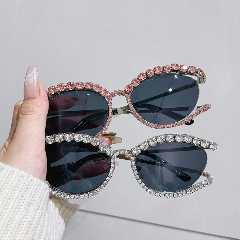 Luxury Fashion Cat Eye Sunglasses Women UV400 Trendy Elegant Hollow Diamond Metal Oval Frame Sunglasses Y2K Designer Sunglasses