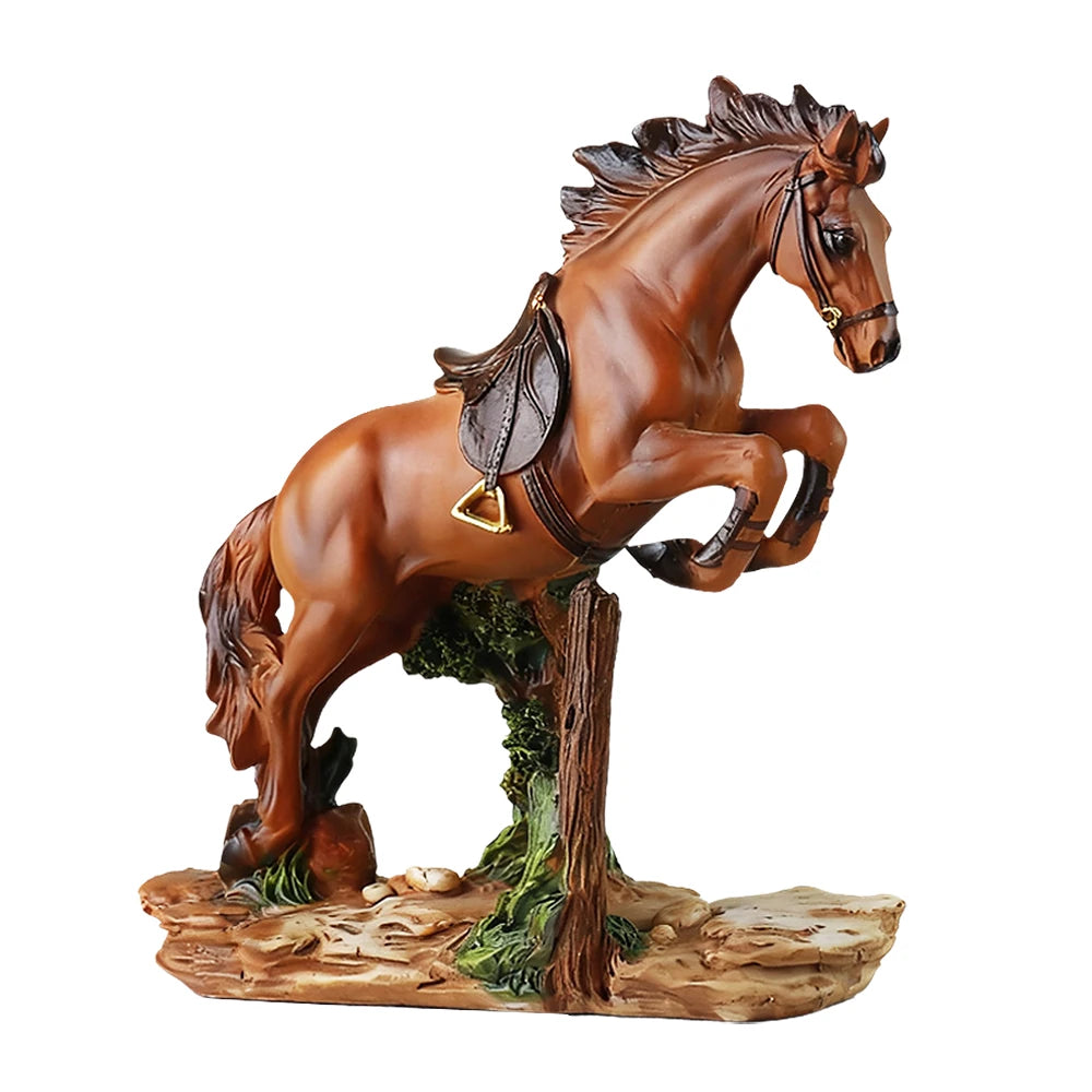 Dynamic Jumping Horse Resin Sculpture with Wood Fence & SaddleRealistic Mane Detail for Home Office DecorEquestrian Theme Gift