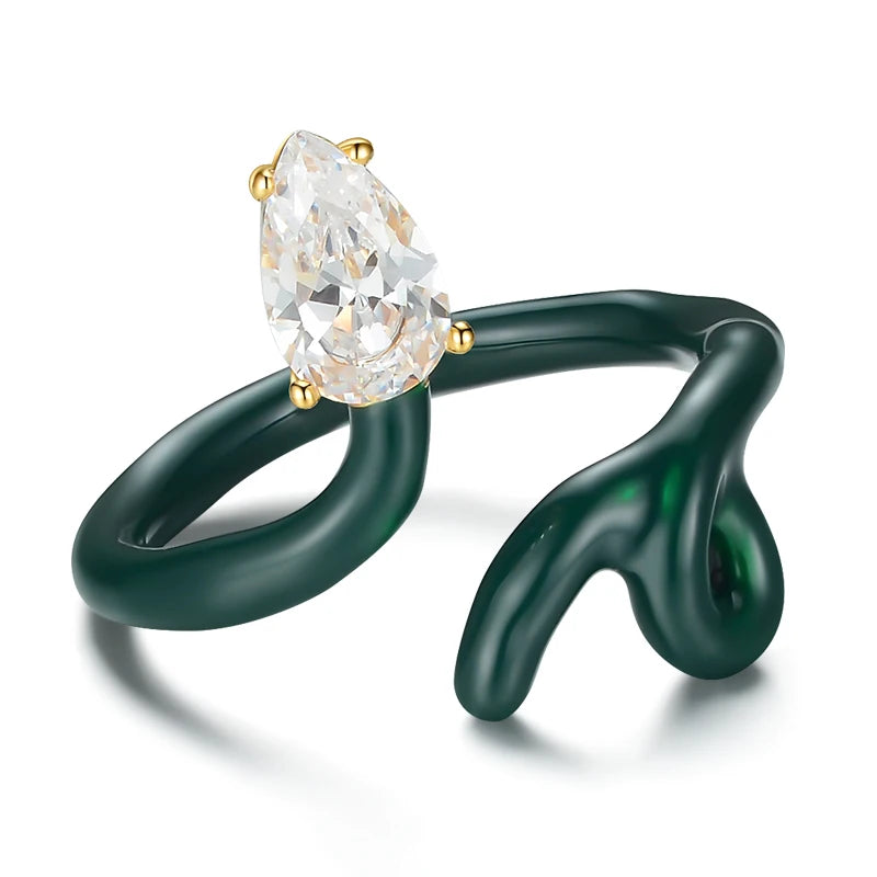 18K Gold Plated Brass Jewelry Unique Snake Design Waterdrop Zircon Irregular Enamel White Blue Adjustable Rings R204042