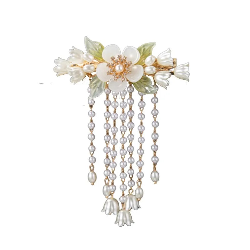 Lily Valley Flower Fringe Hairpin Sweet Half Tied Hair Pearl Spring Clip Barrette Fabric and Resin Hair Clips