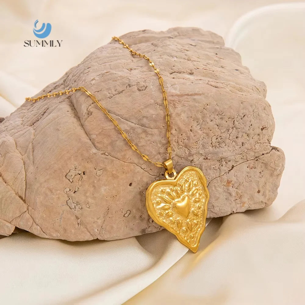 SUMMLY Vintage Wholesale Personalized Hammered Textured Heart Shape 18K Gold Plated Stainless Steel Necklace Fashion Jewelry