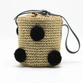 Fashion Women Straw Handbag with Pompoms Korea Style Cherry Knitted Bag Crochet Straw Woven Tote Bag for Travelling Eco