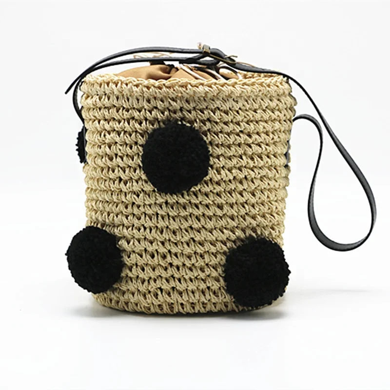 Fashion Women Straw Handbag with Pompoms Korea Style Cherry Knitted Bag Crochet Straw Woven Tote Bag for Travelling Eco