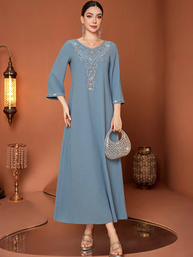 Uni Women's Dresses Elegant Luxury Floral Rhinestone Loose Kaftan Chiffon Long Sleeve Party Evening Dress