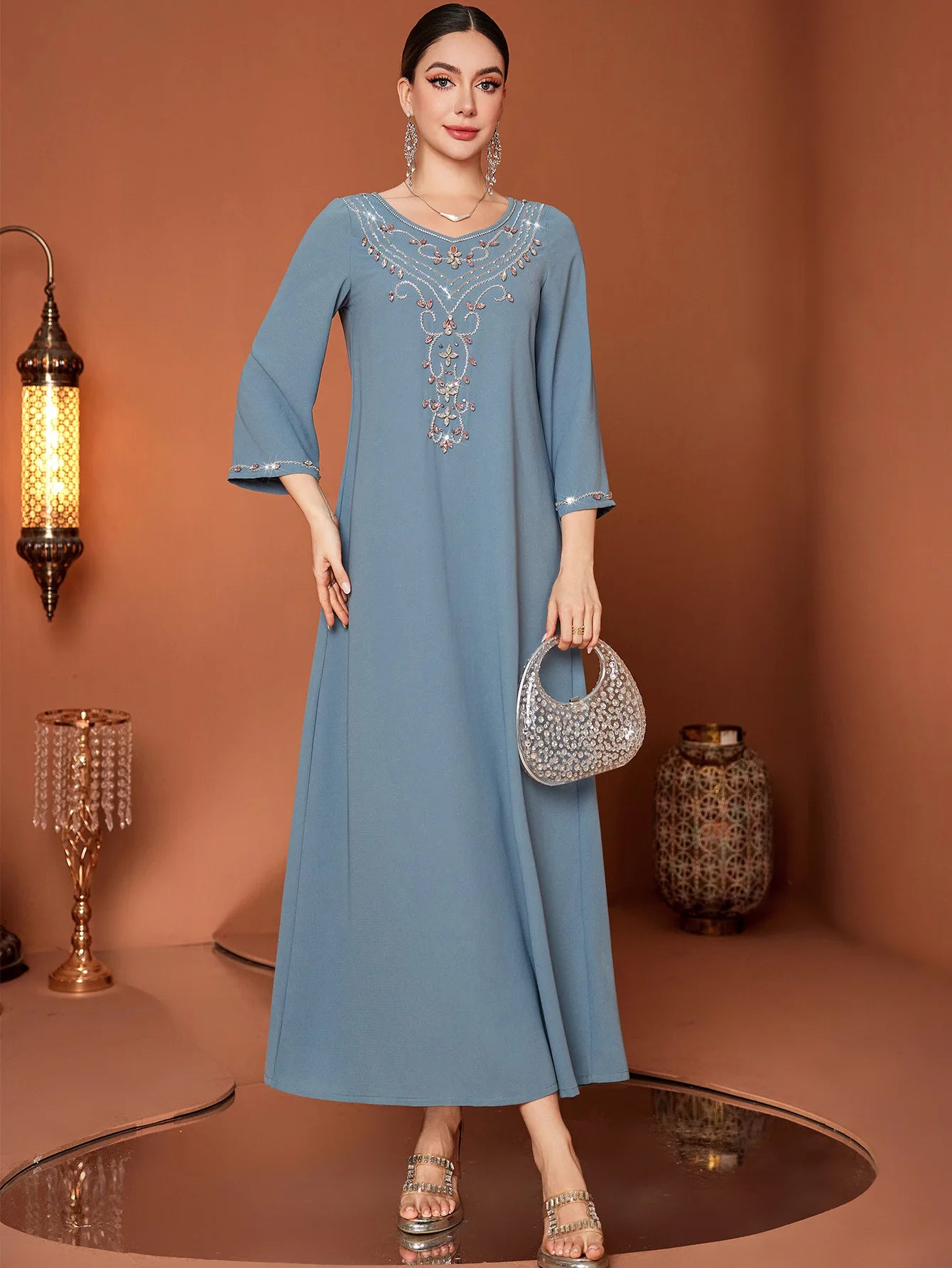 Uni Women's Dresses Elegant Luxury Floral Rhinestone Loose Kaftan Chiffon Long Sleeve Party Evening Dress