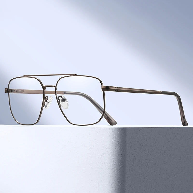 MS 91328 Men's Large Frame Rectangle Optical Glasses Classic Metal Double Bridge Gray/Silver Print Stainless Steel Prescription MegaBDM