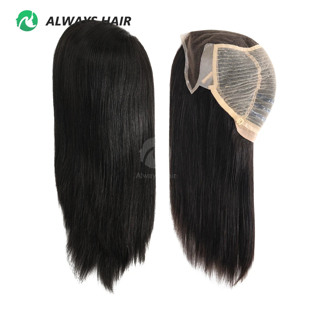 Medium Size 14" Long French Lace Front Top Wig Transparent Lace Tape Tab Steel Pin Natural Straight Chinese Remy Human Hair