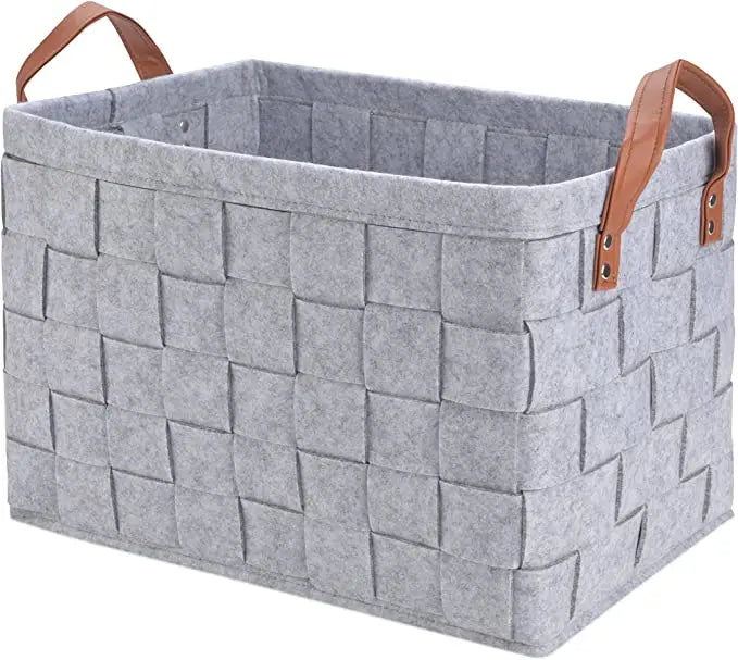 Foldable Felt Storage Collapsible  Bin Felt Laundry Storage Basket with Leather Handle Felt Laundry Storage Basket