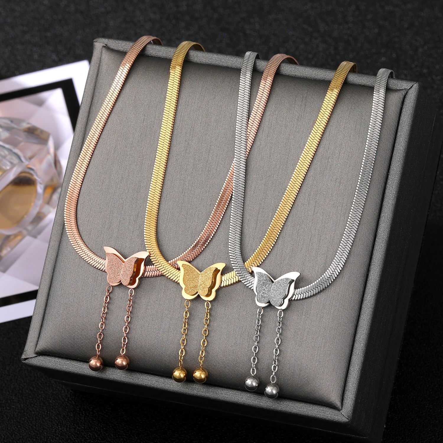 VKME  18K Gold Plated Butterfly Necklace Stainless Steel Snake Bone Chain Butterfly Pendant Necklace