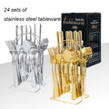 Factory Price 24pcs Gold Flatware Luxury Set with Magnetic Block Holder Stand Cutlery Gift Spoon Stainless Home Steel Cutlery