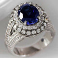 Huitan Noble Woman Elegant Anillos Queen Princess Jewelry Oval Crystal Royal Blue Zircon Macro Pave Rings Silver Rings Luxury