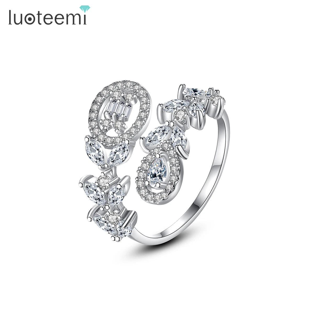 LUOTEEMI Female Wedding Adjustable White Gold Plated Flower Fashion Finger Jewelry Fancy Dainty Korean Woman Ring