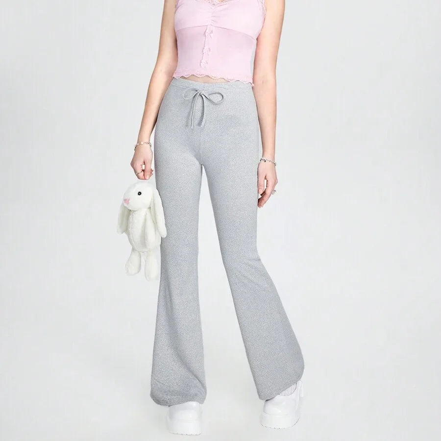 Lady's Pant Solid Knot Flare Leg Sweatpants High Waist Pant Elastic Waistband Sweat Pant With Drawstring Slim Fit