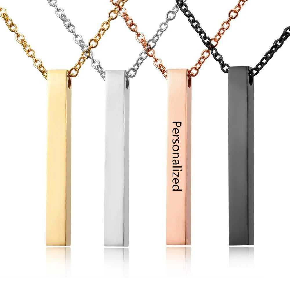 Personalized 18k Gold PVD Plated Engraved Name Bar 3D Vertical Cuboid Necklace for Mom Mothers Day Jewelry