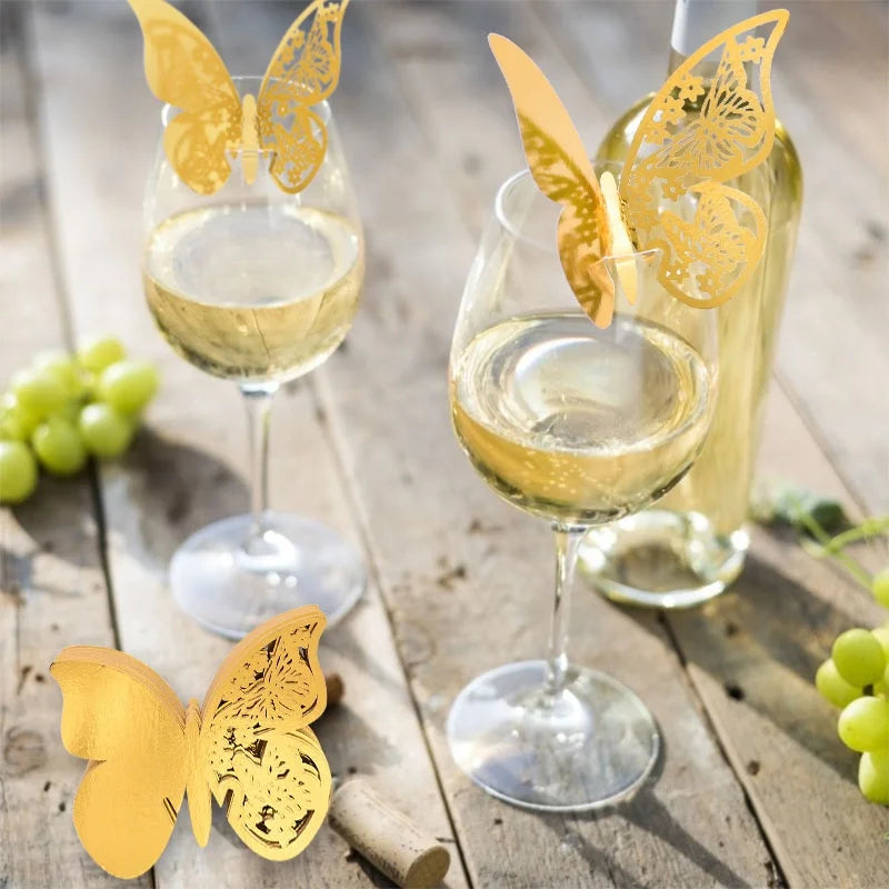 Gold Paper 3D Hollow Butterfly Wine Glass Cup Card Cards for Wedding Holiday Birthday Decoration Party Supplies