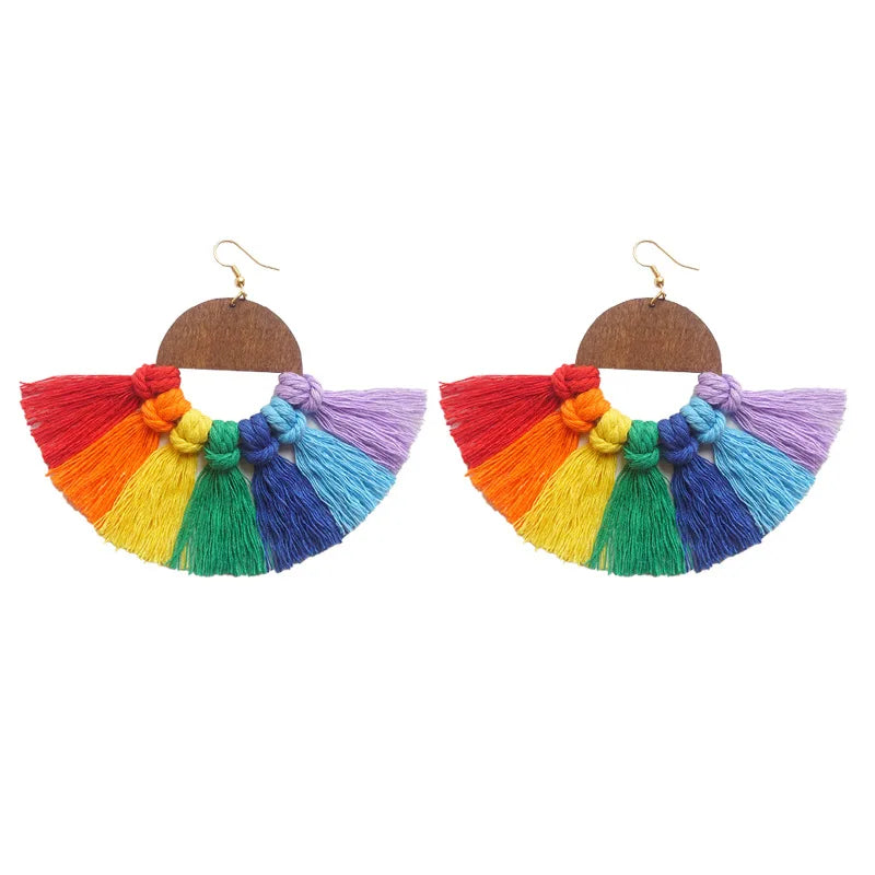 Large Bohemian Baroque Fan Leaves Hand-Woven Wooden Rainbow Cotton Tassel Drop Earrings for Ladies Colorful Fringe Stylish