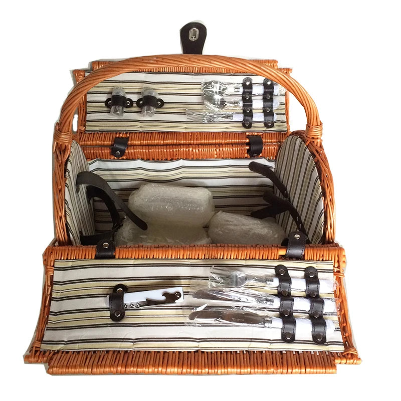 4-Person Woven Picnic Basket in Wicker Style with Coolbags Lid Lock and Tableware for Kitchen and Living Room Use for Camping