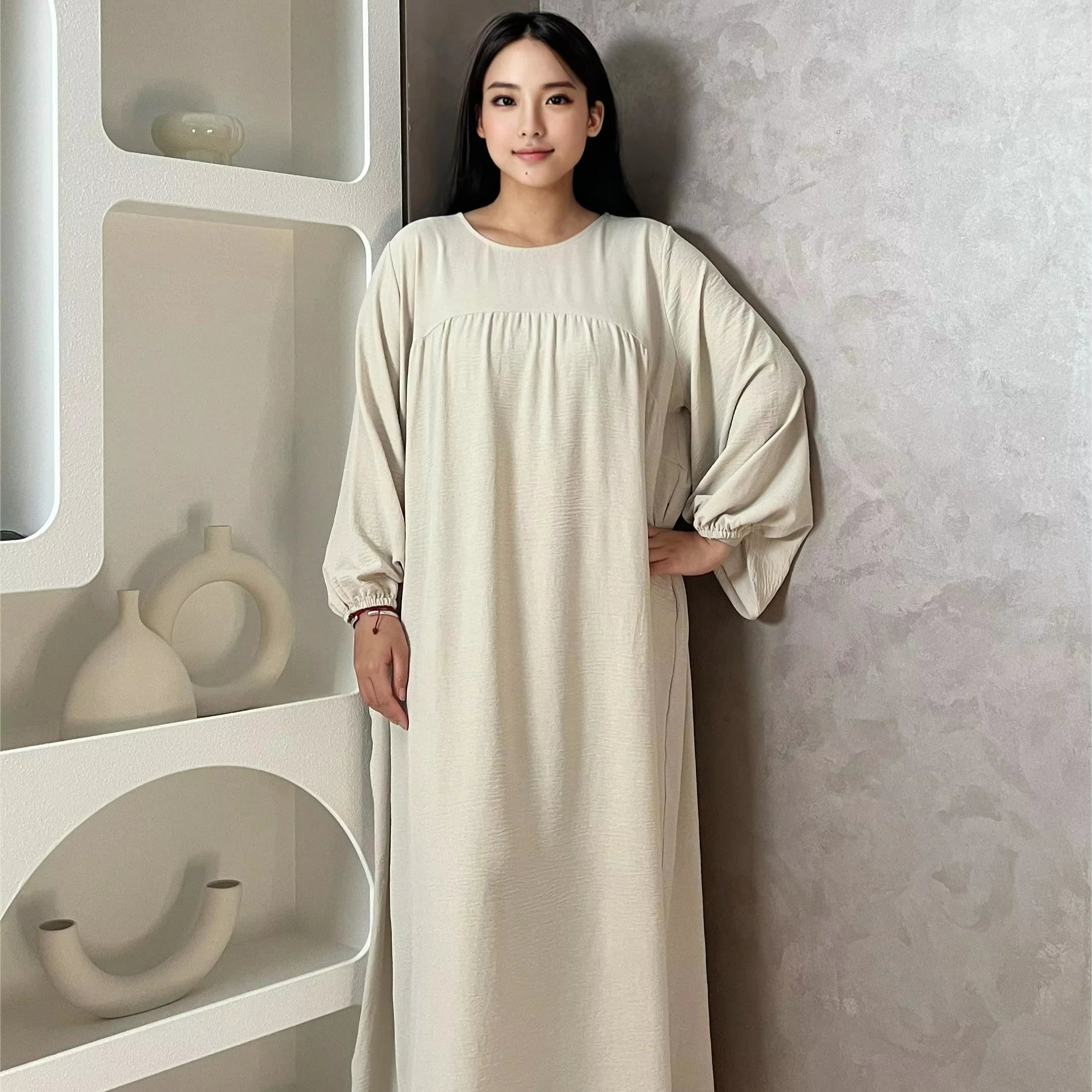 LM021 Balloon Sleeve Crepe Slip Abaya Dress Inner Bubble Sleeves Muslim Women Islamic Clothing Umrah Prayer Dress Modest