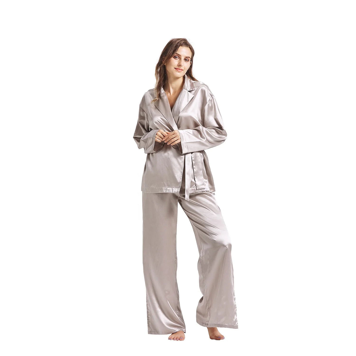 Custom Silver Grey Silk Sleep Wear 100% Pure Silk Pajamas Set Women Silk Pajamas with Long Sleeves and Long Pants