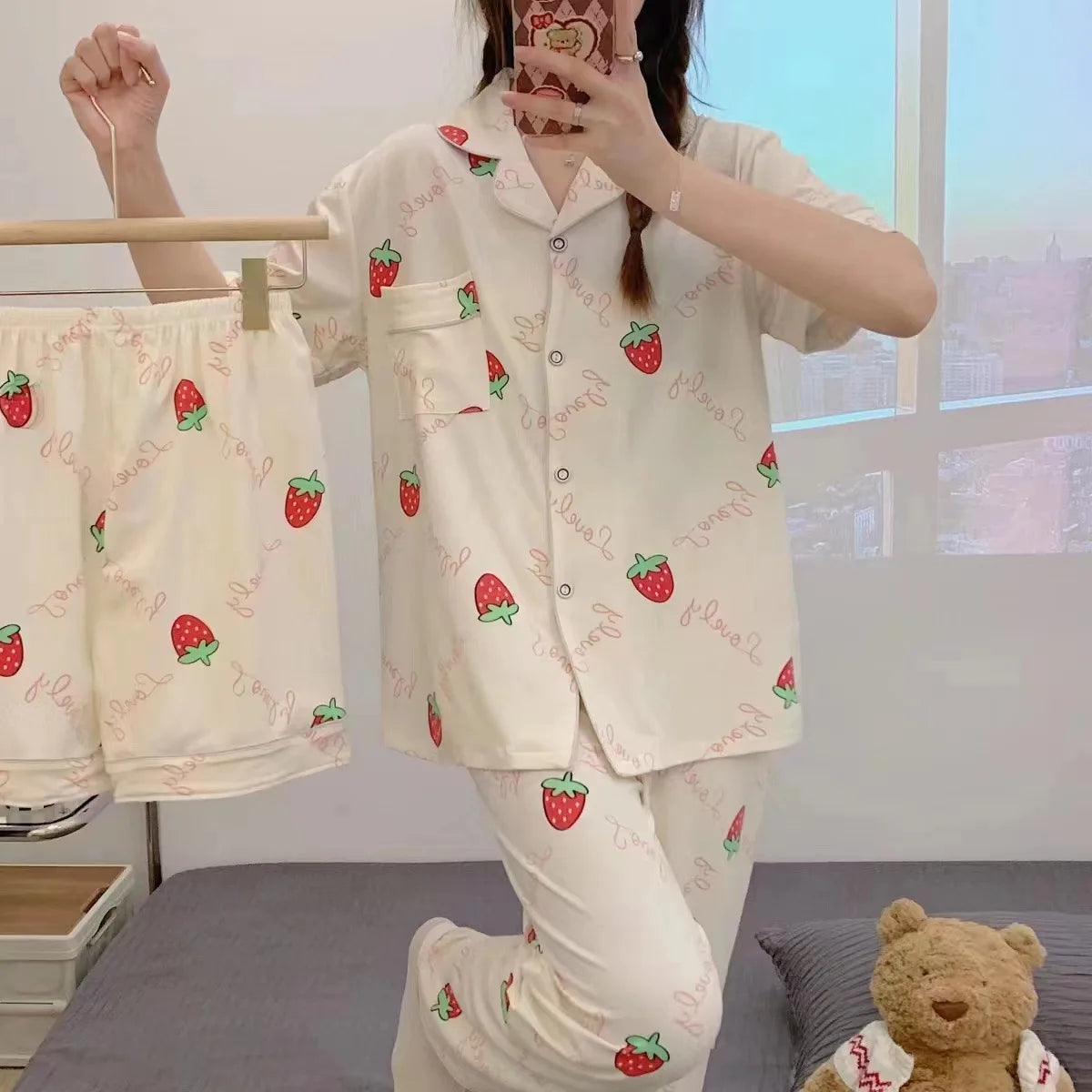 Nightgown for Women Milk Silk Pajamas Ladies Night Wear Women's Clothing Short-sleeved Shorts Large Floral Print Pajamas