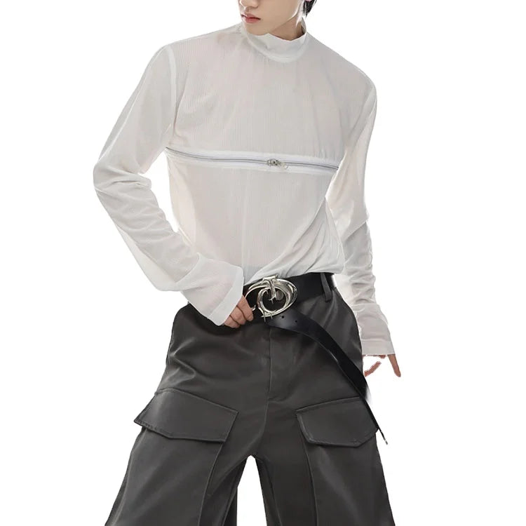 2026 Custom Hollow Out  Lcey  Undershirt  Long Sleeve  Crew Neck  Zipper Splicing  Men T Shirts