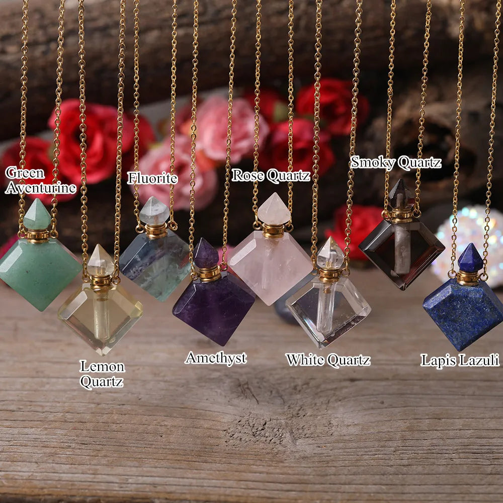 Stainless Steel Rhombus Shape Classic Perfume Bottle Necklace with Healing Crystal Amethyst Aventurine Vial