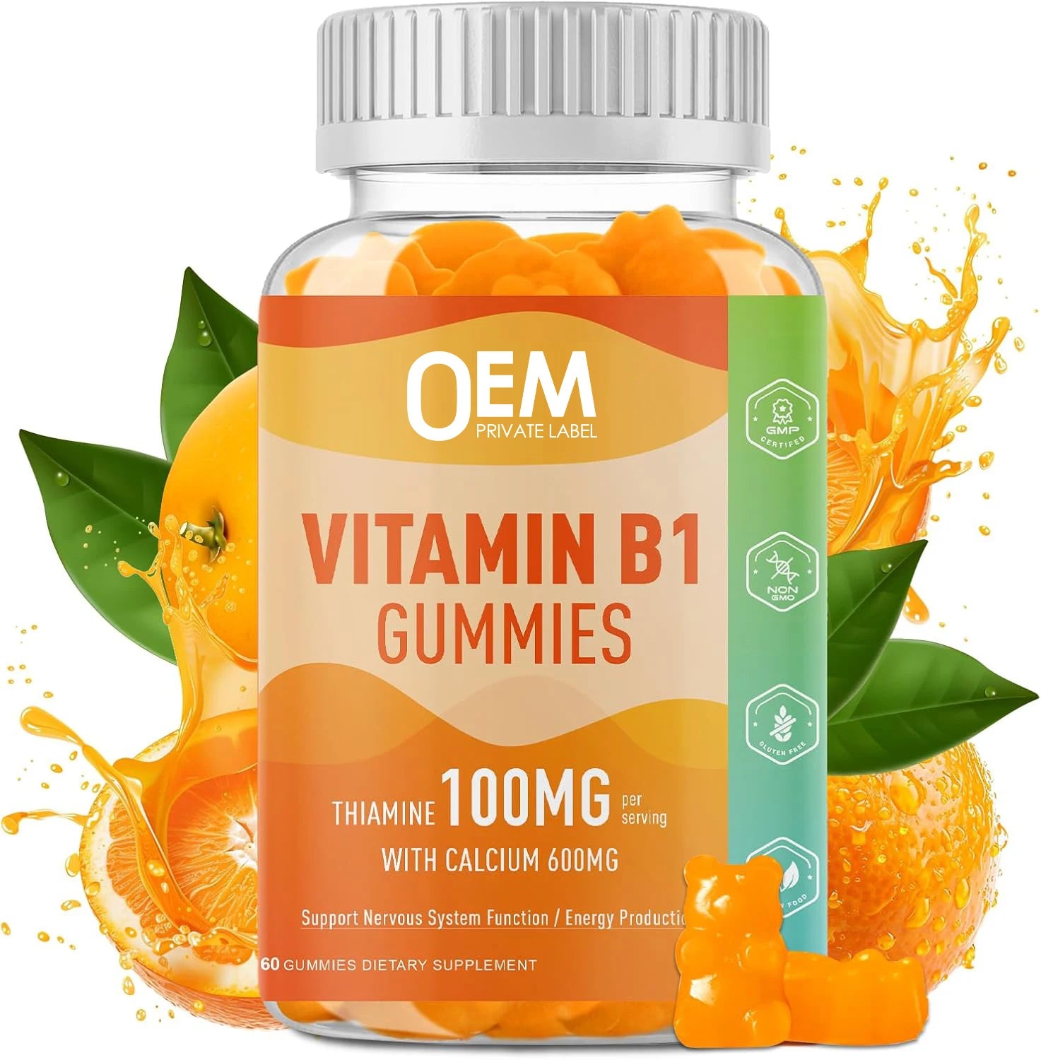 OEM 100mg Vitamin B1 Gummies Thiamine B1 Supplement with 600mg Calcium Nervous System Supports & Boost Energy