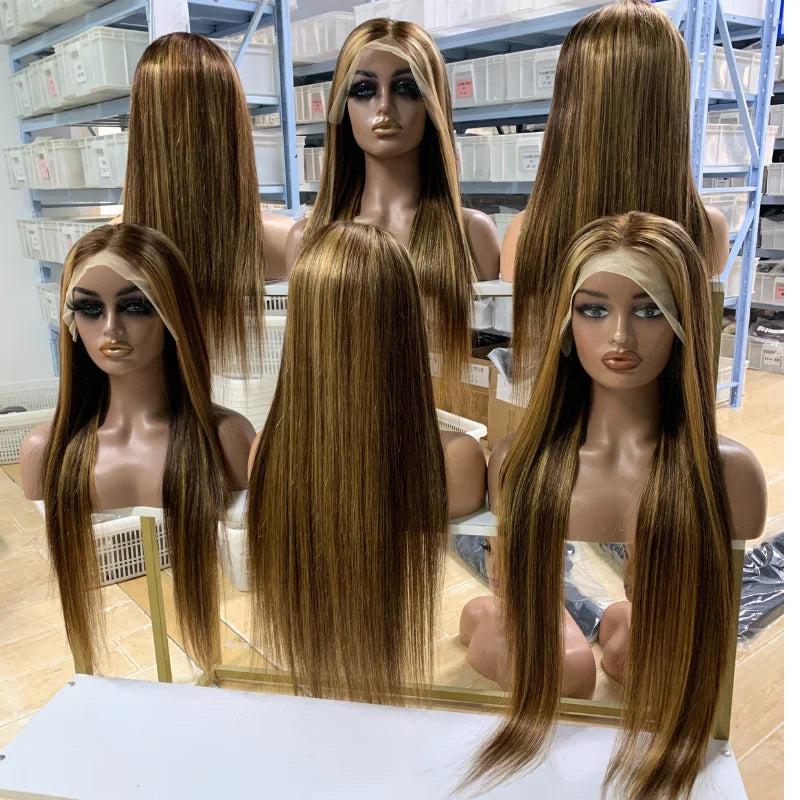 Ready to Ship Straight Human Hair Wig 13x4 Full Lace Frontal Transparent Lace 180% Density Honey Blonde Highlight Piano P4-27 MegaBDM