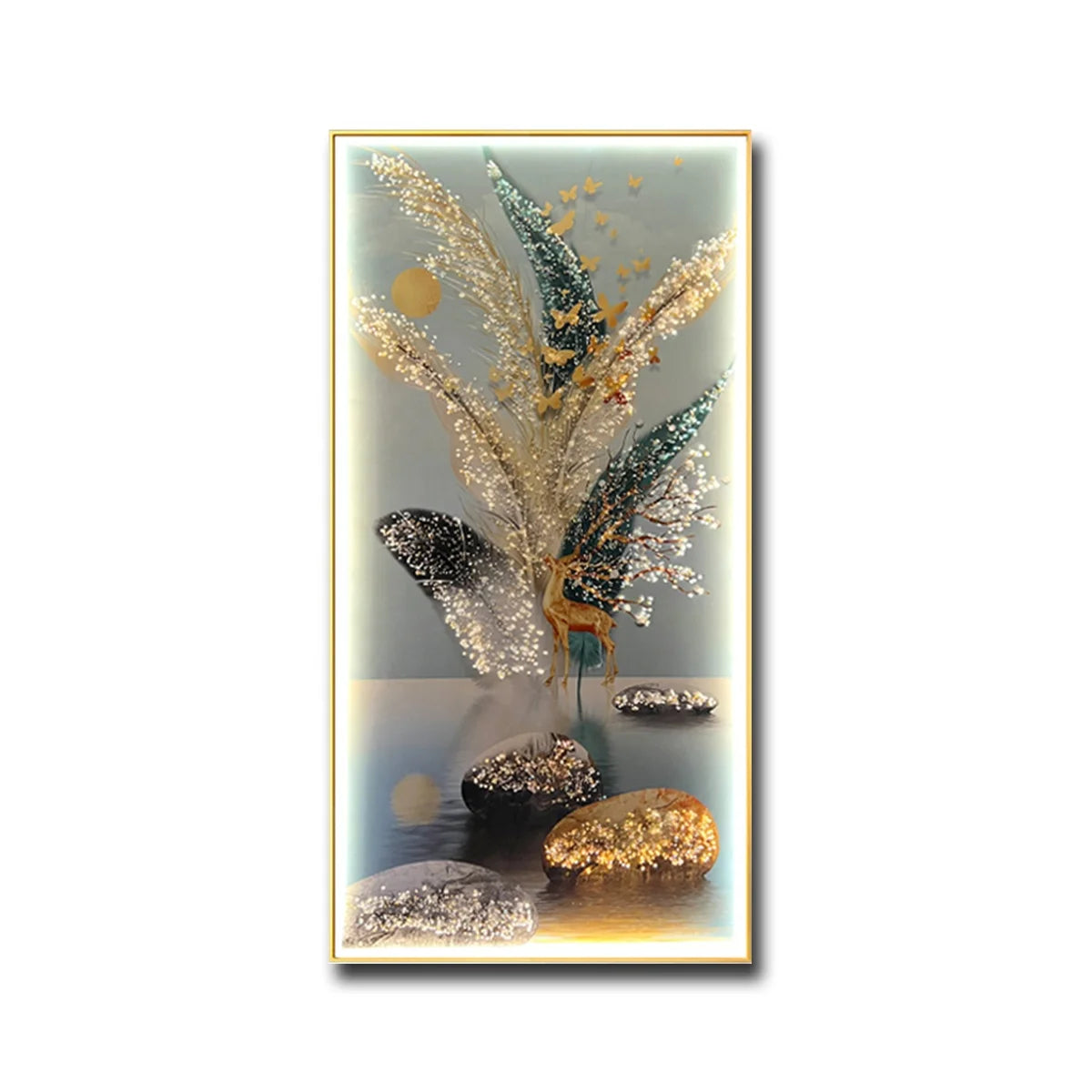 Wall Art Decor LED Strip Splints Flower and Deer Crystal Porcelain Painting for Living Room Decoration
