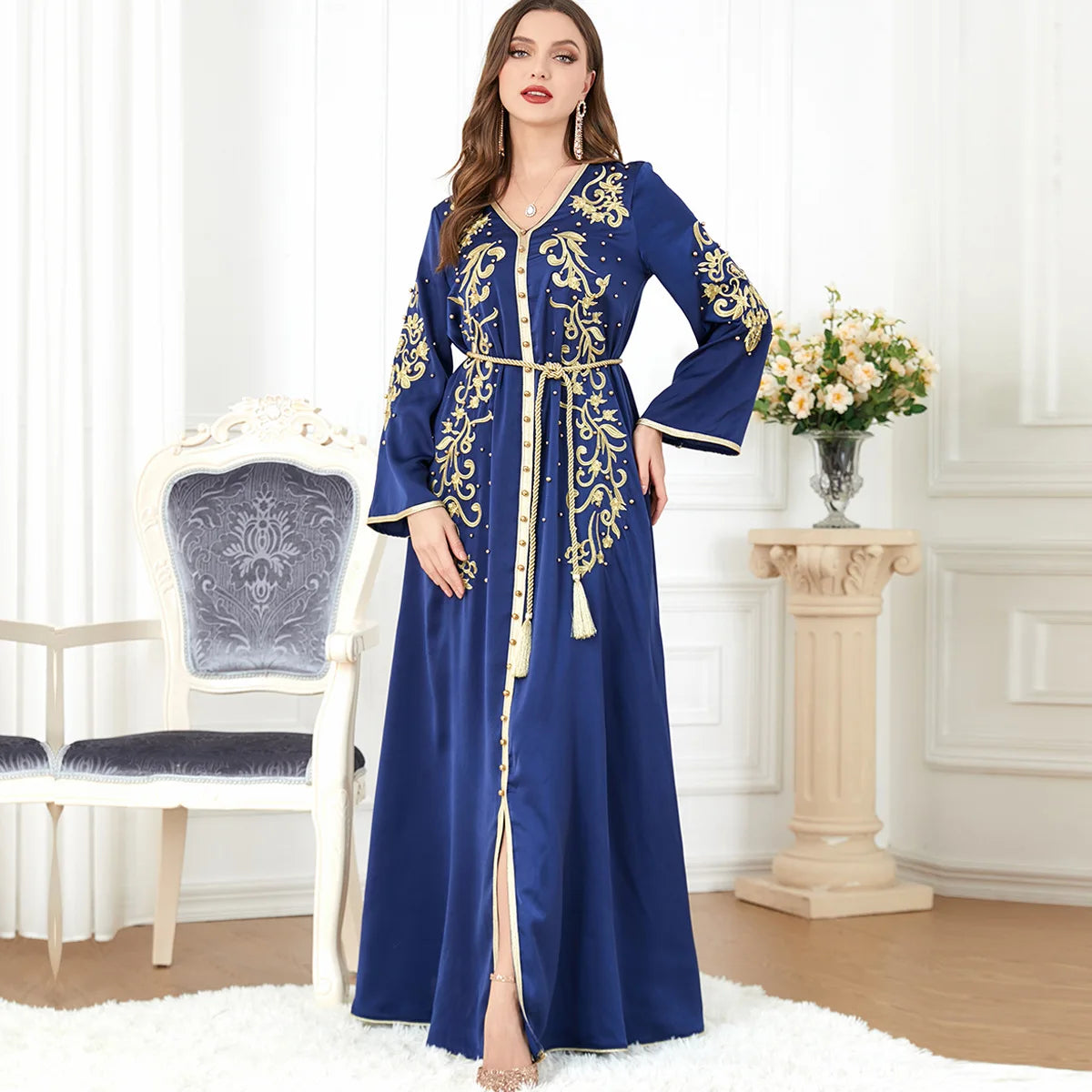 Women's Middle East Embroidered Dress Belt Dubai Tutkish Afghan Casual Abaya Print Muslim Islamic Clothing