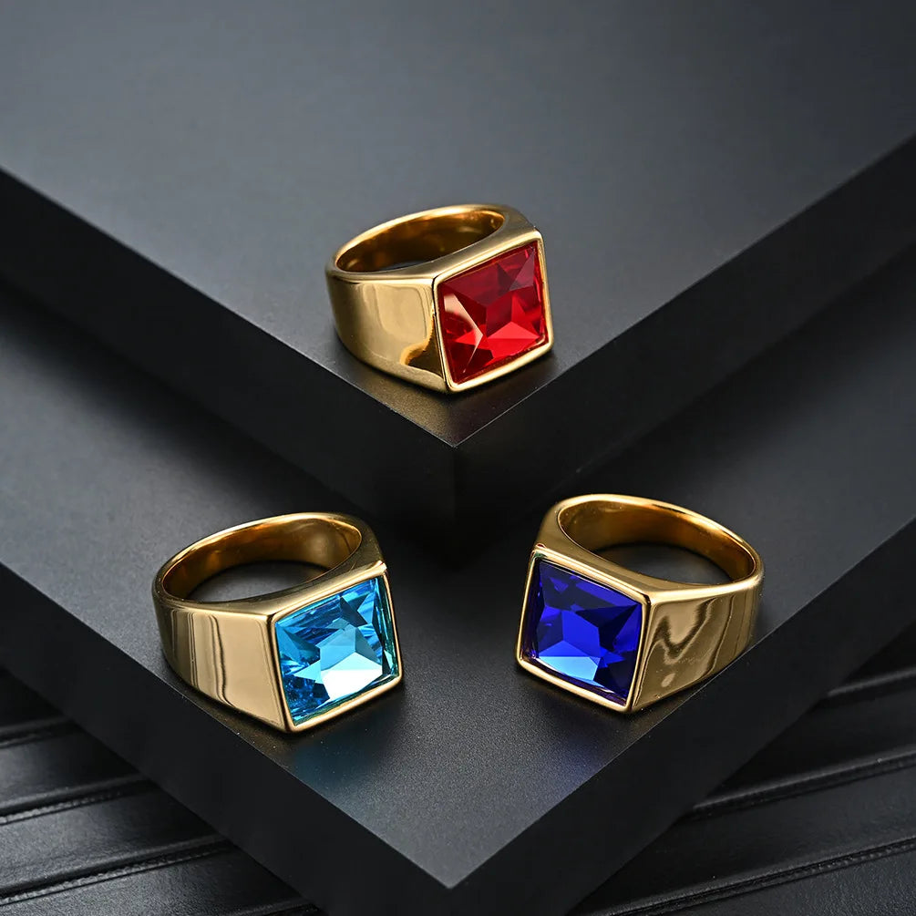 Square Shiny Gemstone Finger Ring Retro 18k Gold Plated Male Stainless Steel Ruby Ring Multicolor Stone Glossy Chunky Ring