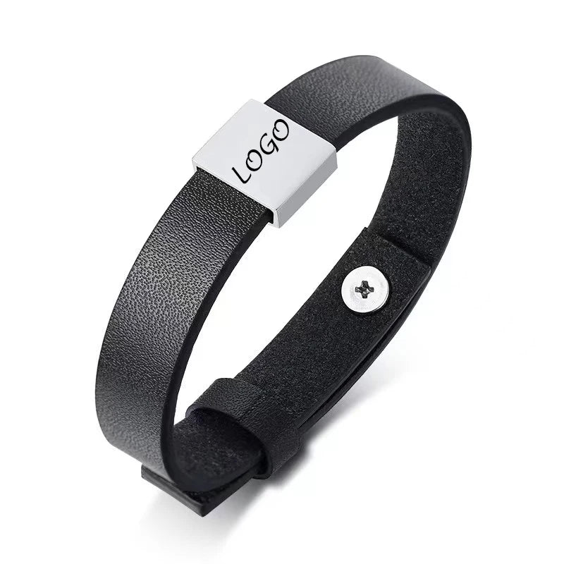 Ready to Ship Custom Engraved Width Stainless Steel Braided Leather Bracelet with Blank Charms for Engraving