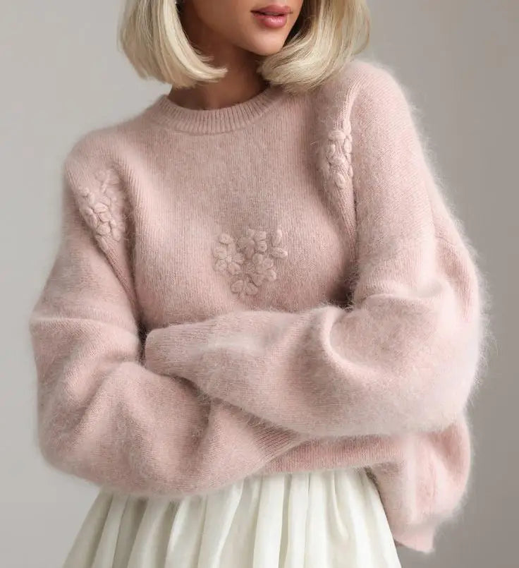 Manufacturer Ladies Jacquard Embroidery Angora Sweater Custom Intarsia Flower Floral Brushed Mohair Knit Jumper Women