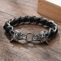 HipHop Wolf Head Bracelet Black Oil Grease Stainless Steel Cuban Chain Leather Bracelet for Men