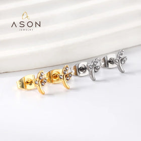Ason Fashion Jewelry Waterproof 18K Gold Plating Stainless Steel Earrings Exquisite Leaf Shape Diamonds Stud Earrings for Women