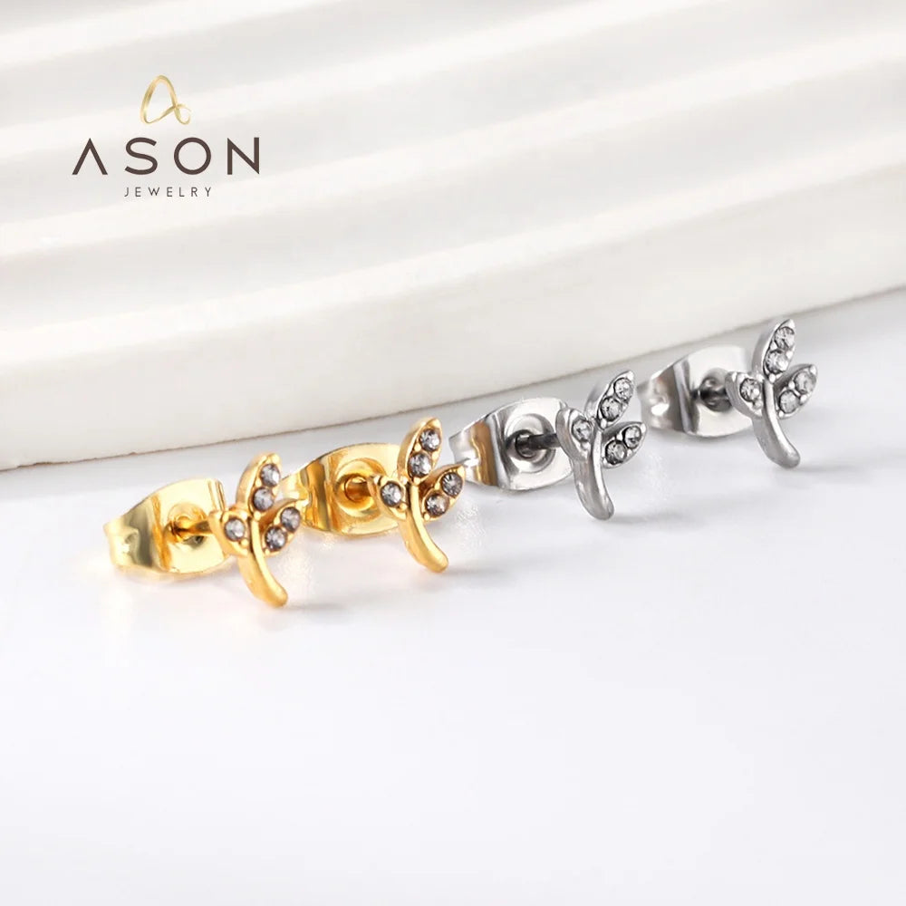 Ason Fashion Jewelry Waterproof 18K Gold Plating Stainless Steel Earrings Exquisite Leaf Shape Diamonds Stud Earrings for Women